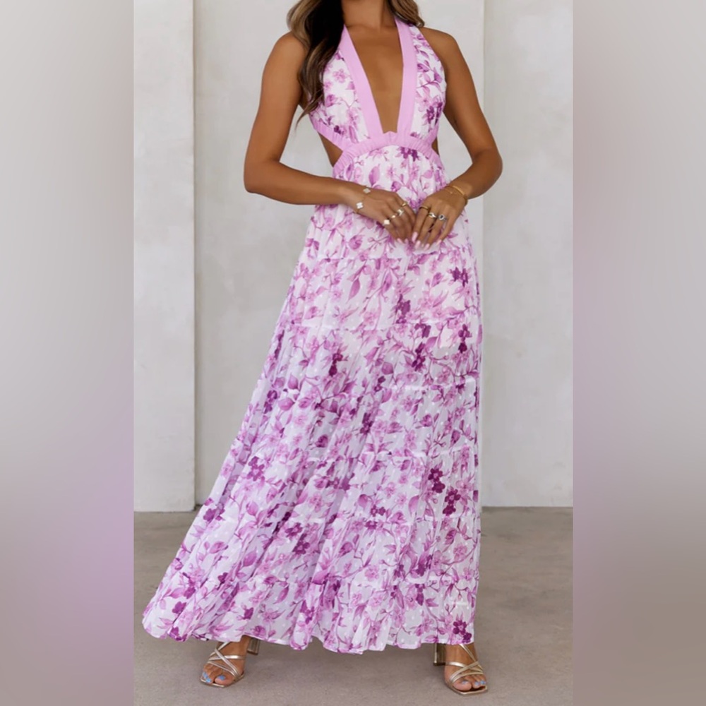 HELLO MOLLY FASHION Floral Purple and White Women's MAXI SUN DRESS size Small
